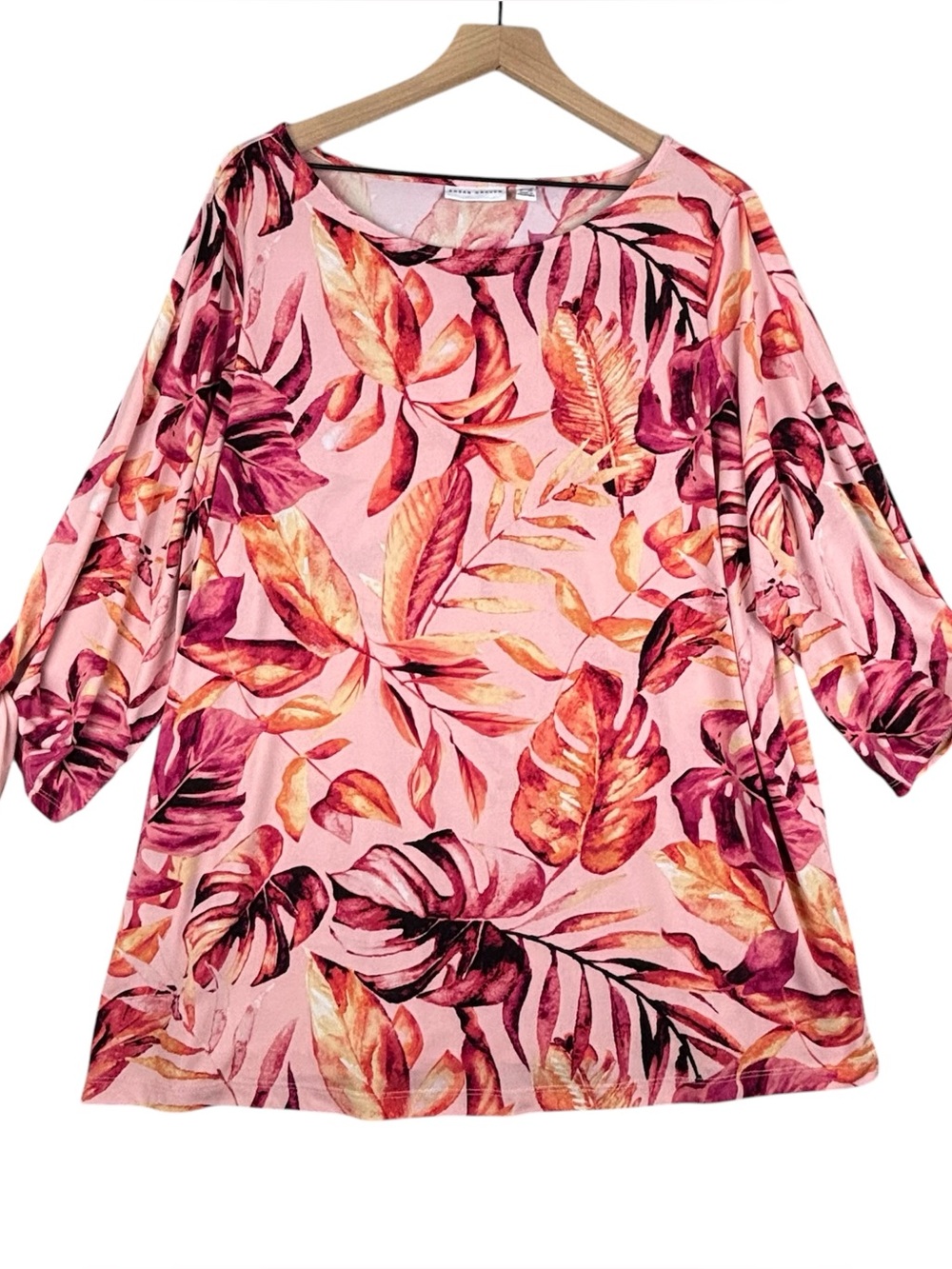 Susan Graver Top Women 1X Pink Orange Tropical Palm Tunic Liquid Knit